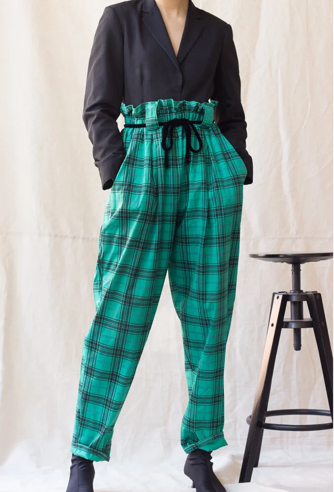 1980s Jade Plaid Cotton Paper Bag Waist Pants — Wayward